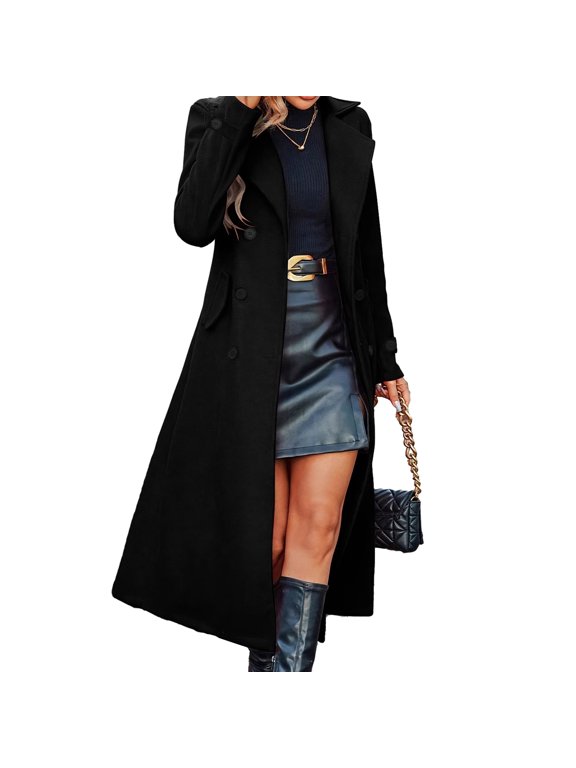 Women's Long Wool Coat Double-Breasted Peacoat Classic Notch Lapel Trench Coat Casual Fall Winter Overcoat