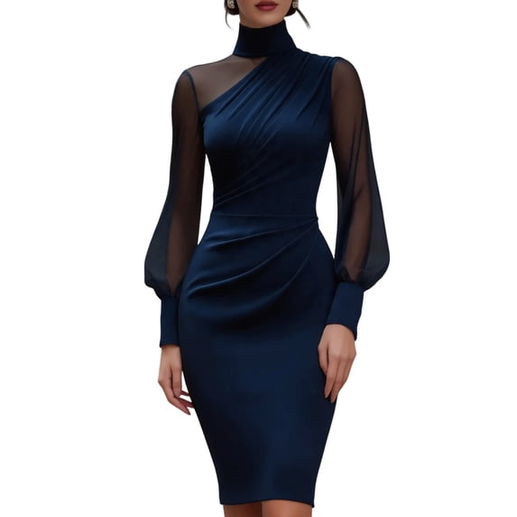 Quixlent Women's Mesh Sheer Long Sleeve Mini Dress, Ruched Bodycon Mock Neck Party Cocktail Dress, Formal Wedding Guest Evening Gown