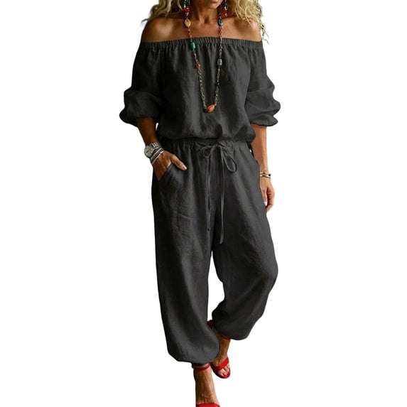Quixlent Women's Off Shoulder Tie Waist Jumpsuit, Casual Half Sleeve Rompers, Summer One Piece Outfits with Pockets