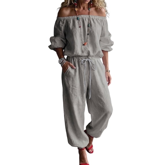 Quixlent Women's Off Shoulder Tie Waist Jumpsuit, Casual Half Sleeve Rompers, Summer One Piece Outfits with Pockets