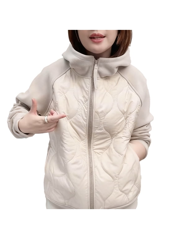 Women's Puffer Jacket Lightweight Zip Up Long Sleeve Hooded Jacket Patchwork Quilted Down Coat Winter Warm Outerwear