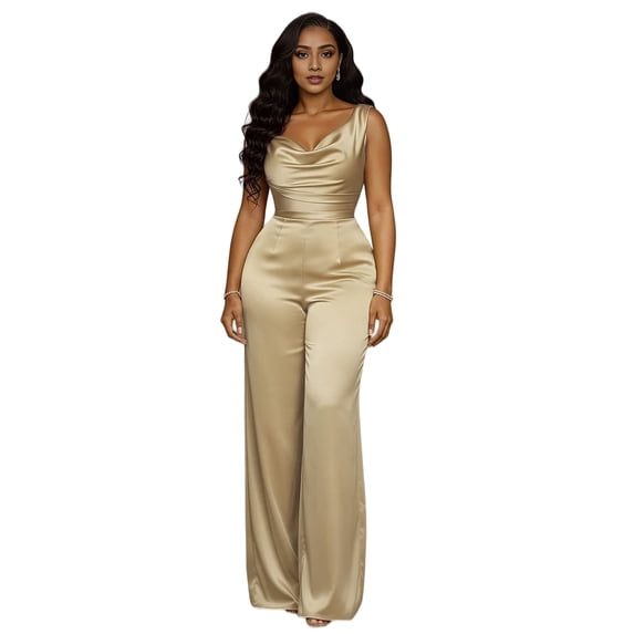 Quixlent Women's Satin Sleeveless Jumspuist Cowl Neck Wide Leg Long Pants Dressy Romper High Waist Club Night Party One Piece Outfits