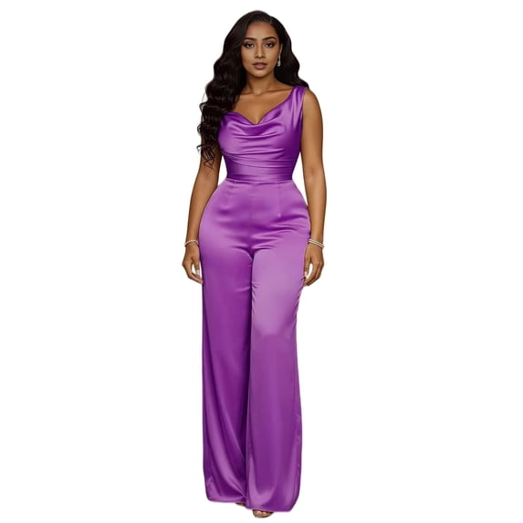 Quixlent Women's Satin Sleeveless Jumspuist Cowl Neck Wide Leg Long Pants Dressy Romper High Waist Club Night Party One Piece Outfits