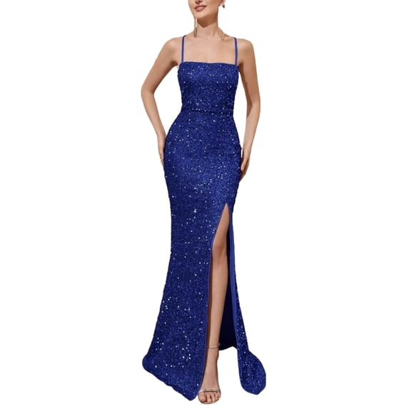Quixlent Women's Sparkly Sequin Long Formal Dress Square Neck Backless Split Mermaid Prom Dress Spaghetti Strap Evening Party Gown