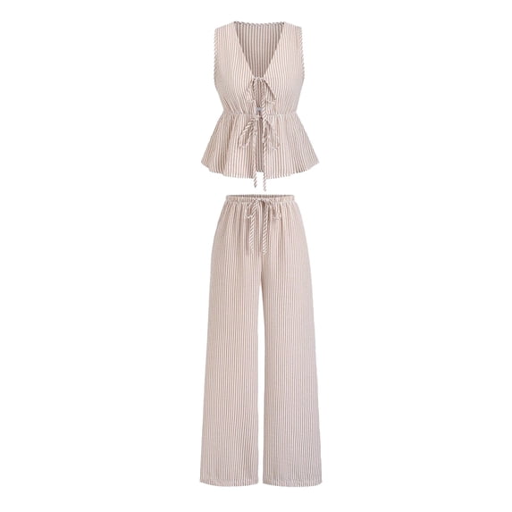 Quixlent Women's Striped 2 Piece Outfits Tie Front Ruffle Tank Top And Wide Leg Pants Sets Summer Casual Sleeveless Lounge Sets