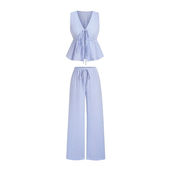 Quixlent Women's Striped 2 Piece Outfits Tie Front Ruffle Tank Top And Wide Leg Pants Sets Summer Casual Sleeveless Lounge Sets