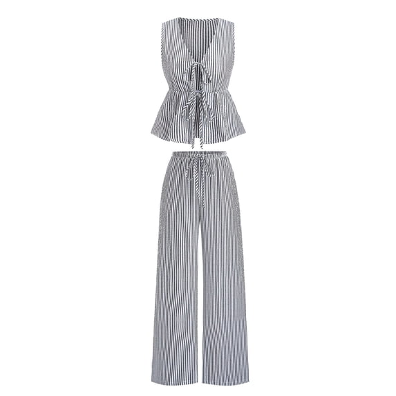 Quixlent Women's Striped 2 Piece Outfits Tie Front Ruffle Tank Top And Wide Leg Pants Sets Summer Casual Sleeveless Lounge Sets