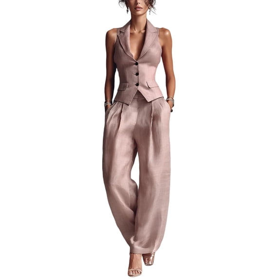 Quixlent Women's Summer 2 Piece Business Work Outfits, Sleeveless Button Down Vest And Wide Leg Pants Matching Set