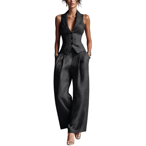 Quixlent Women's Summer 2 Piece Business Work Outfits, Sleeveless Button Down Vest And Wide Leg Pants Matching Set