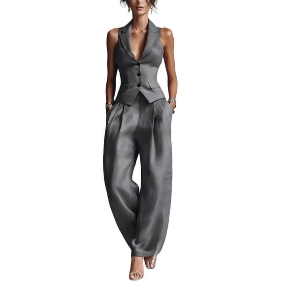 Quixlent Women's Summer 2 Piece Business Work Outfits, Sleeveless Button Down Vest And Wide Leg Pants Matching Set