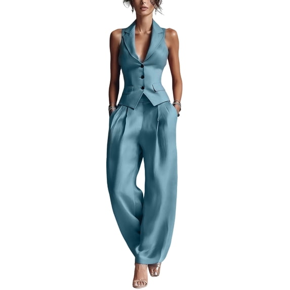Quixlent Women's Summer 2 Piece Business Work Outfits, Sleeveless Button Down Vest And Wide Leg Pants Matching Set