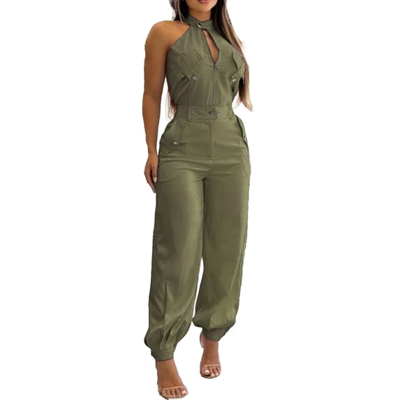 Quixlent Women's Summer 2 Piece Set Zip Up Sleeveless Halter Top And Cargo Pants Sets Casual Travel Vacation Outfits with Pockets