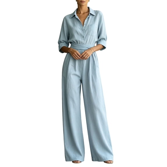Quixlent Women's Summer Jumpsuit, Button Down Short Sleeve Dressy Wide Leg Pants Rompers, Casual One Piece Outfits with Pockets