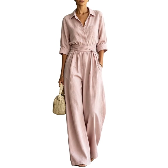 Quixlent Women's Summer Jumpsuit, Button Down Short Sleeve Dressy Wide Leg Pants Rompers, Casual One Piece Outfits with Pockets