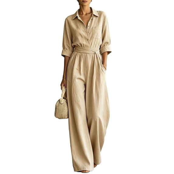 Quixlent Women's Summer Jumpsuit, Button Down Short Sleeve Dressy Wide Leg Pants Rompers, Casual One Piece Outfits with Pockets