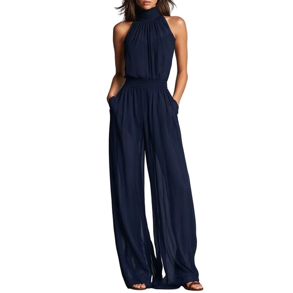Quixlent Women's Summer Jumpsuit, Halter High Neck Sleeveless Chiffon Wide Leg Rompers, Smocked Waist Backless Vacation One Piece Outfits