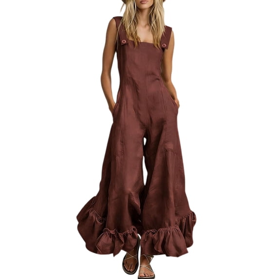 Quixlent Women's Summer Sleeveless Jumpsuit Ruffle Wide Leg Pants Rompers Casual Beach Vacation One Piece Outfits with Pockets