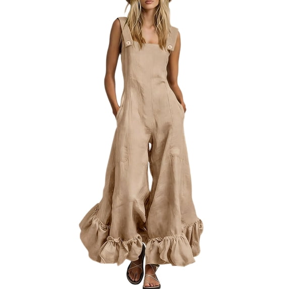 Quixlent Women's Summer Sleeveless Jumpsuit Ruffle Wide Leg Pants Rompers Casual Beach Vacation One Piece Outfits with Pockets