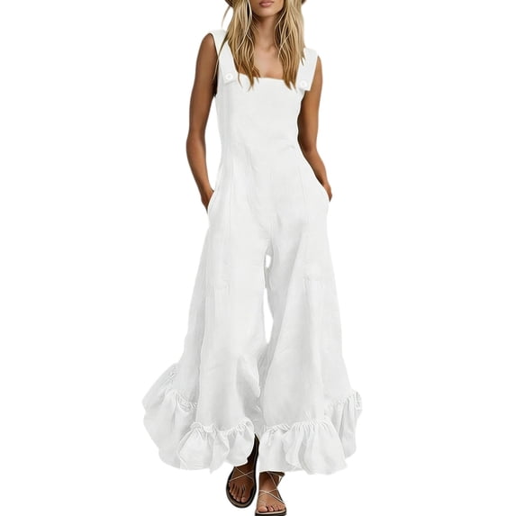 Quixlent Women's Summer Sleeveless Jumpsuit Ruffle Wide Leg Pants Rompers Casual Beach Vacation One Piece Outfits with Pockets