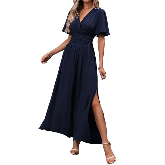 Quixlent Women's Summer V Neck Maxi Dress, Short Sleeve Flowy A-line Slit Long Dress, Formal Wedding Guest Evening Dress