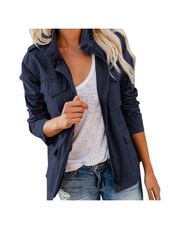 Women's Thin Cotton Jacket Zip Up Snap Buttons Stand Collar Utility Coat Fall Casual Long Sleeve Outerwear with Pockets