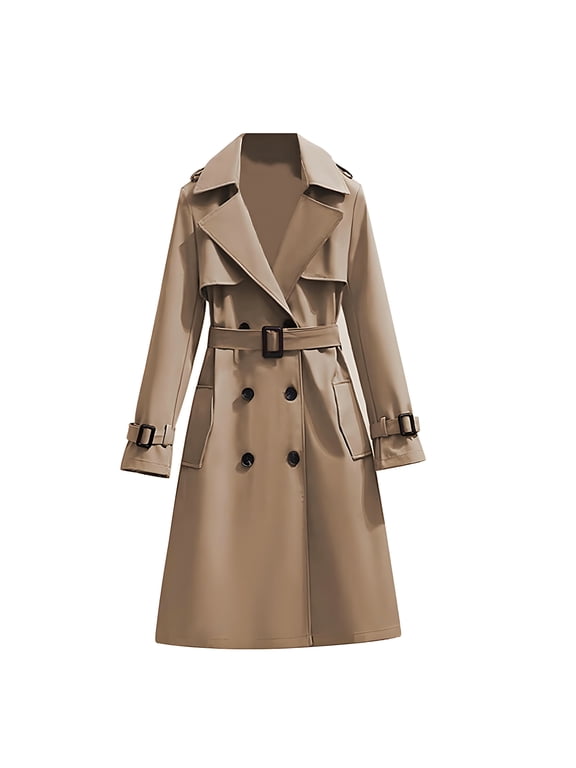 Women's Trench Coat Double-Breasted Classic Lapel Overcoat Windproof Long Belted Jacket Fall Outerwear with Pockets