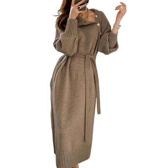 Quixlent Women's Turtleneck Sweater Midi Dress Button High Neck Long Sleeve Dress Fall Ribbed Knit Long Dress with Belt