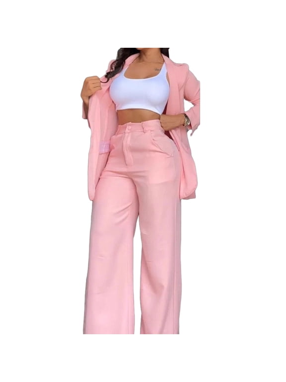 Women's Two Piece Suit Business Outfit Casual Blazer Jacket And Wide Leg Dressy Pants Set Formal Office Work Sets