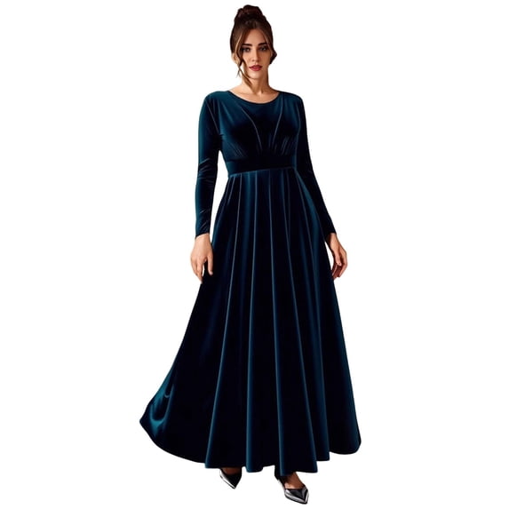 Quixlent Women's Velvet Maxi Dres Casual Crew Neck Long Sleeve A-Line Swing Dress Fall Cocktail Party Formal Dress for Wedding Guest