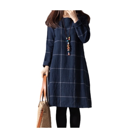 Quixlent Women's Vintage Plaid Dress Casual Long Sleeve Cotton Linen Dress Fall Loose Fit Checkered Crew Neck Tunic Midi Dress