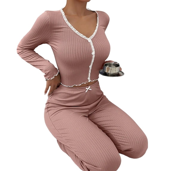 Quixlent Womens Lace Trim Ribbed Knit Pajamas Set Long Sleeve Crop Top Wide Leg Pants Lounge Set 2 Piece Pjs Sleepwear
