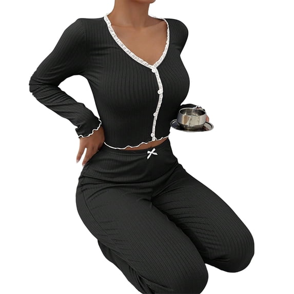 Quixlent Womens Lace Trim Ribbed Knit Pajamas Set Long Sleeve Crop Top Wide Leg Pants Lounge Set 2 Piece Pjs Sleepwear