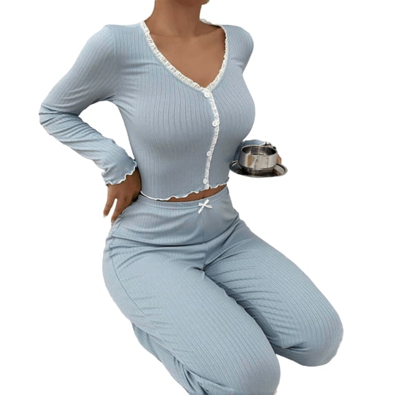 Quixlent Womens Lace Trim Ribbed Knit Pajamas Set Long Sleeve Crop Top Wide Leg Pants Lounge Set 2 Piece Pjs Sleepwear