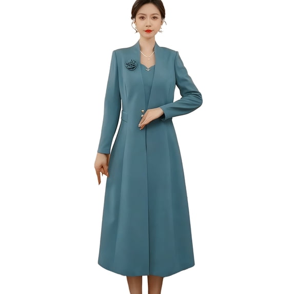 Quixlent Womens Suits 2 Piece Set Long Blazers Jacket Long Sleeve A-Line Dress Set for Formal Occasions Wedding Party