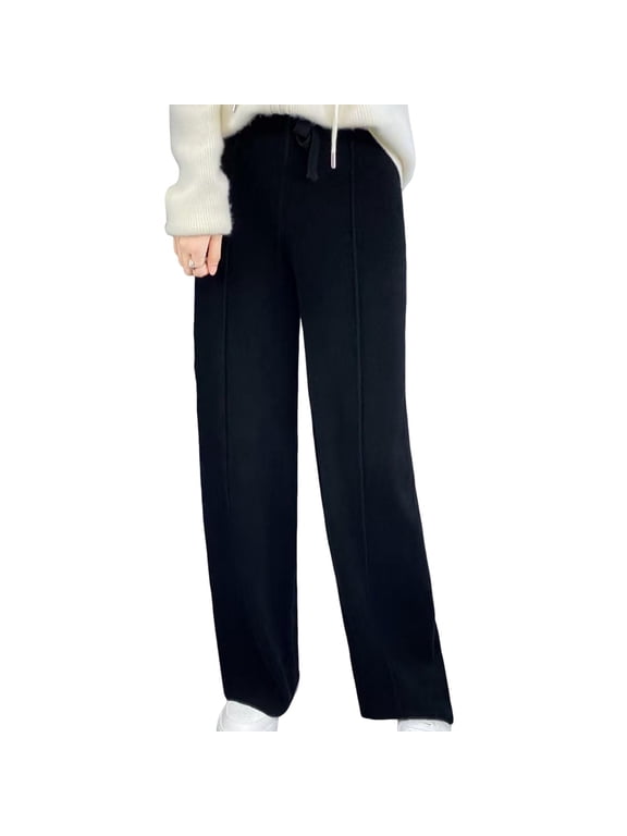 Wool Casual Pants Solid Color Straight Wide Leg Knitting Trousers with Drawstring High Waist Thickened Slacks