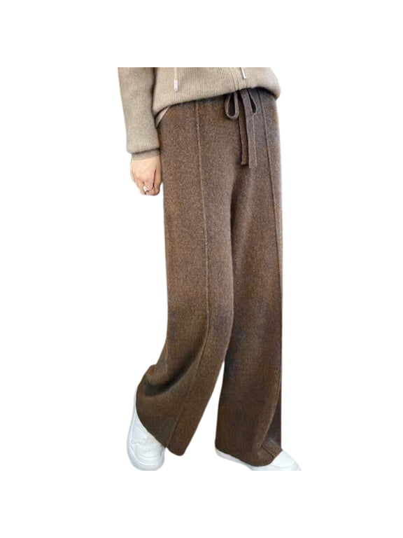 Wool Casual Pants Solid Color Straight Wide Leg Knitting Trousers with Drawstring High Waist Thickened Slacks