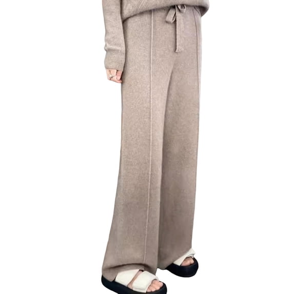 Quixlent Wool Casual Pants Solid Color Straight Wide Leg Knitting Trousers with Drawstring High Waist Thickened Slacks