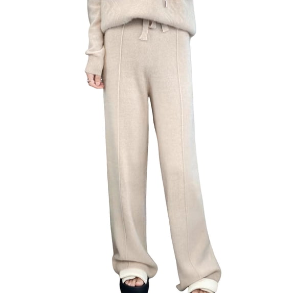Quixlent Wool Casual Pants Solid Color Straight Wide Leg Knitting Trousers with Drawstring High Waist Thickened Slacks