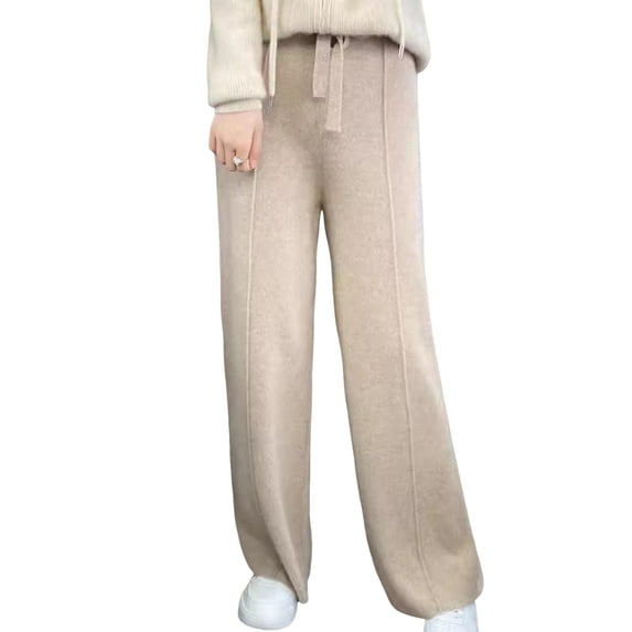 Quixlent Wool Casual Pants Solid Color Straight Wide Leg Knitting Trousers with Drawstring High Waist Thickened Slacks