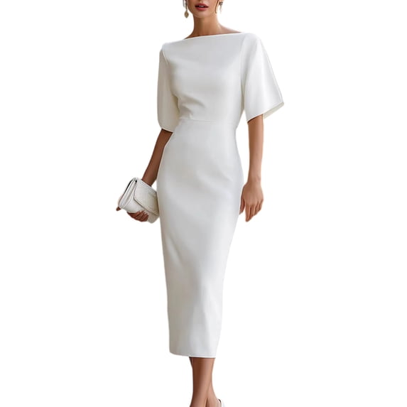 Quixlent Work Dress for Women Boat Neck Batwing Half Sleeve Pencil Sheath Dress Formal Business Office Midi Dress