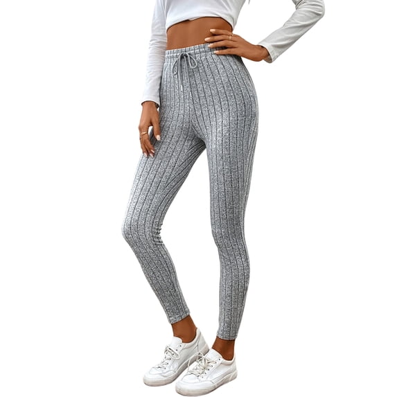 Quixlent Yoga Pants High Elastic Adjustable Drawstring Tight Pants Solid Color Ribbed Slim Butt Lifting Versatile Leggings