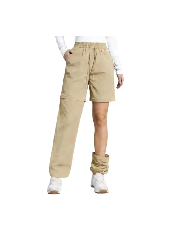 Zip Off Hiking Pants Women Trousers Convertible to Shorts Waterproof Drawstring Waist Pants for Outdoor Camping Mountain Climbing