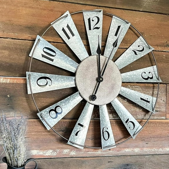 Qukueoy 24 Inch Metal Windmill Clock Large Farmhouse Clocks Outdoor Indoor Decor Wall Hanging,Galvanized Silver