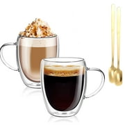 Qulable 2 Pcs Double Wall Mugs with 2 Spoons, 12 oz Glass Coffee Cups, Insulated Glassware with Handle, Transparent