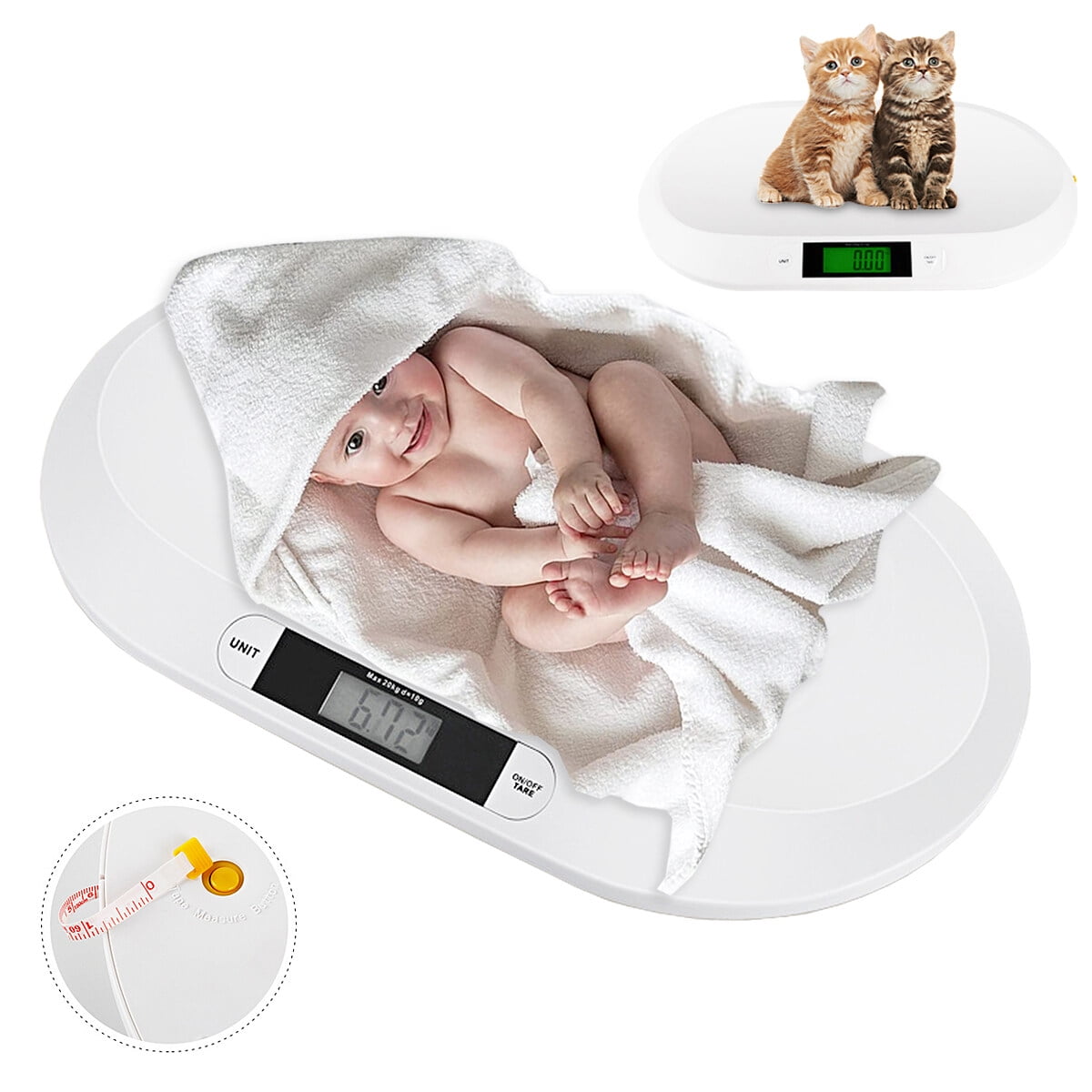 Qulable Digital Baby Scale/Pet Scale,Multi-Function Kitchen Scale,Portable  Mini LCD Electronic Scale Tape Measure,20Kg,White 