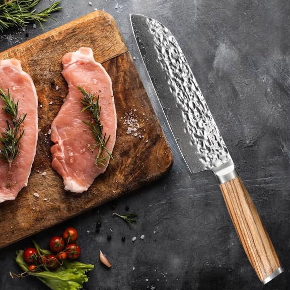 Qulajoy 7 Inch Santoku Knife - Professional Japanese 67 Layers Damascus VG-10 Steel - Sharp Hammered Kitchen Knife - Zebrawood Handle