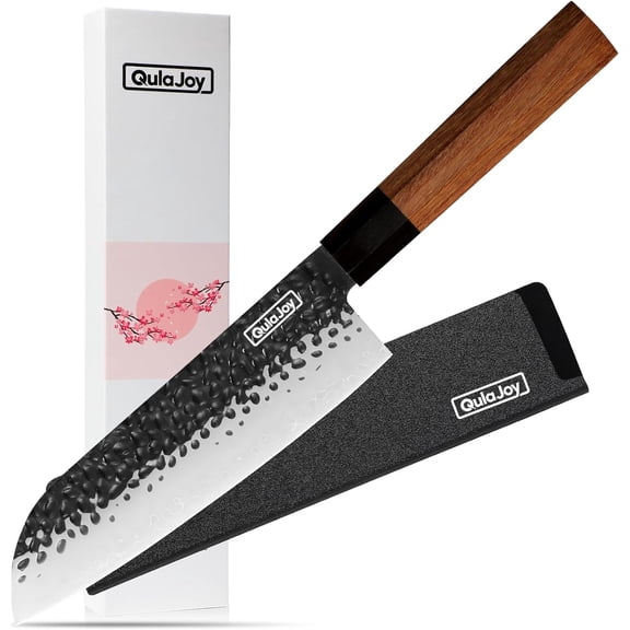 Qulajoy 7 Inch Santoku Knife - Professional Japanese Chef Knife - Razor Sharp 9cr18mov Blade - Hammered Kitchen Knife - Octagonal Rosewood Handle with Sheath