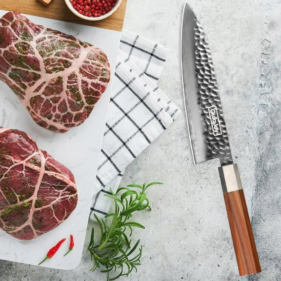 Qulajoy 8 Inch Chef Knife - Hammered Japanese Kitchen Knife 9cr18mov Mirror Polishing Hand Forged Blade - Ergonomic Olivewood Handle