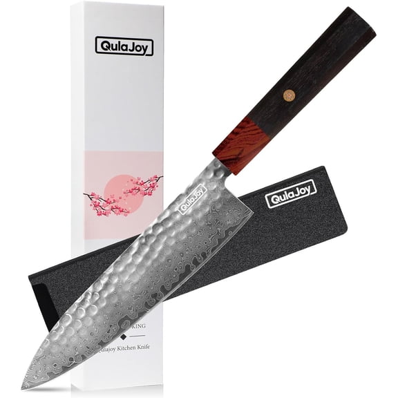 Qulajoy 8 Inch Chef Knife - Japanese Damascus VG-10 Super Steel Hammered Kitchen Knife - African Rosewood Octagonal Handle with Sheath
