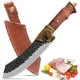 thumbnail image 1 of Qulajoy Butcher Knife - Hand Forged Camping Knife 7Cr17MOV Blade - Dragon Head Handle and Leather Sheath - Meat Cleaver for Hunting & Camping, 1 of 6